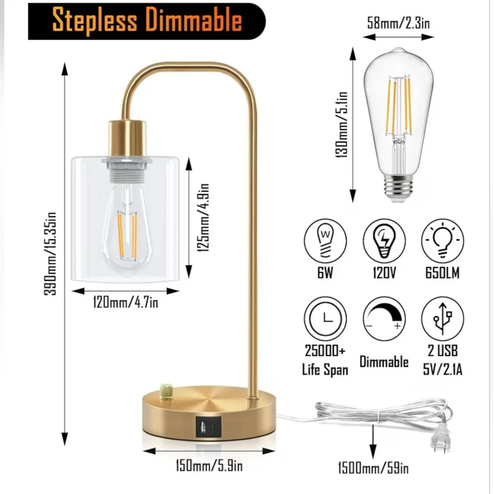 Gold Industrial 3-Way Dimmable Touch Control Table Lamps w/ USB Ports (Set of 2)